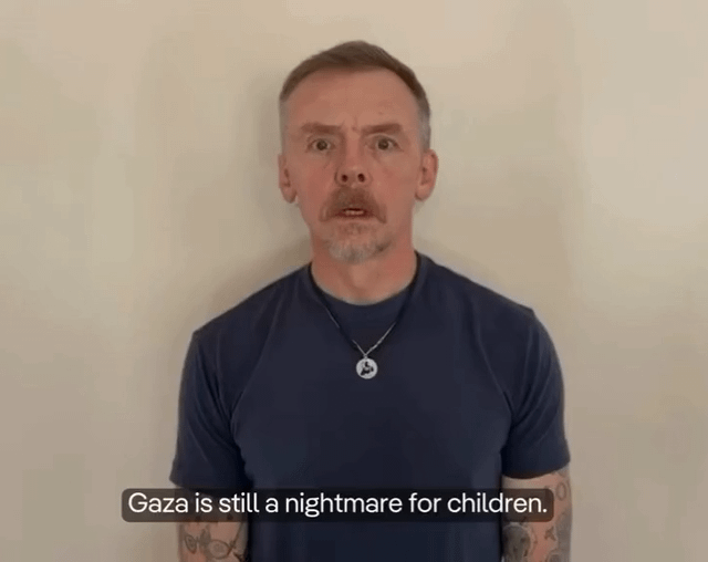 Simon Pegg is calling for donations to support Palestinians, insisting that Gaza remains a “nightmare” for children after years of Israel’s genocidal war has left many of them unable to eat, sleep or even speak.
