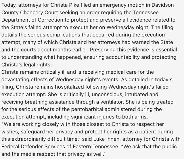 New statement from Christa Pike’s lawyers. He is unconscious, intubated and on a ventilator