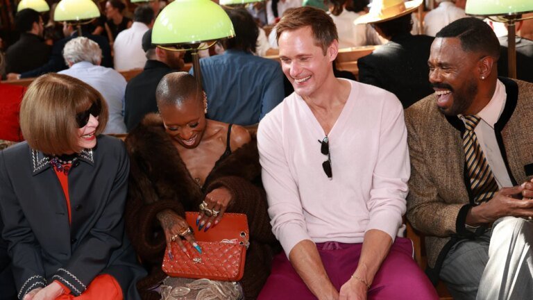 Cynthia Erivo, Alexander Skarsgård and Colman Domingo share a laugh with Anna Wintour at the Valentino fashion show